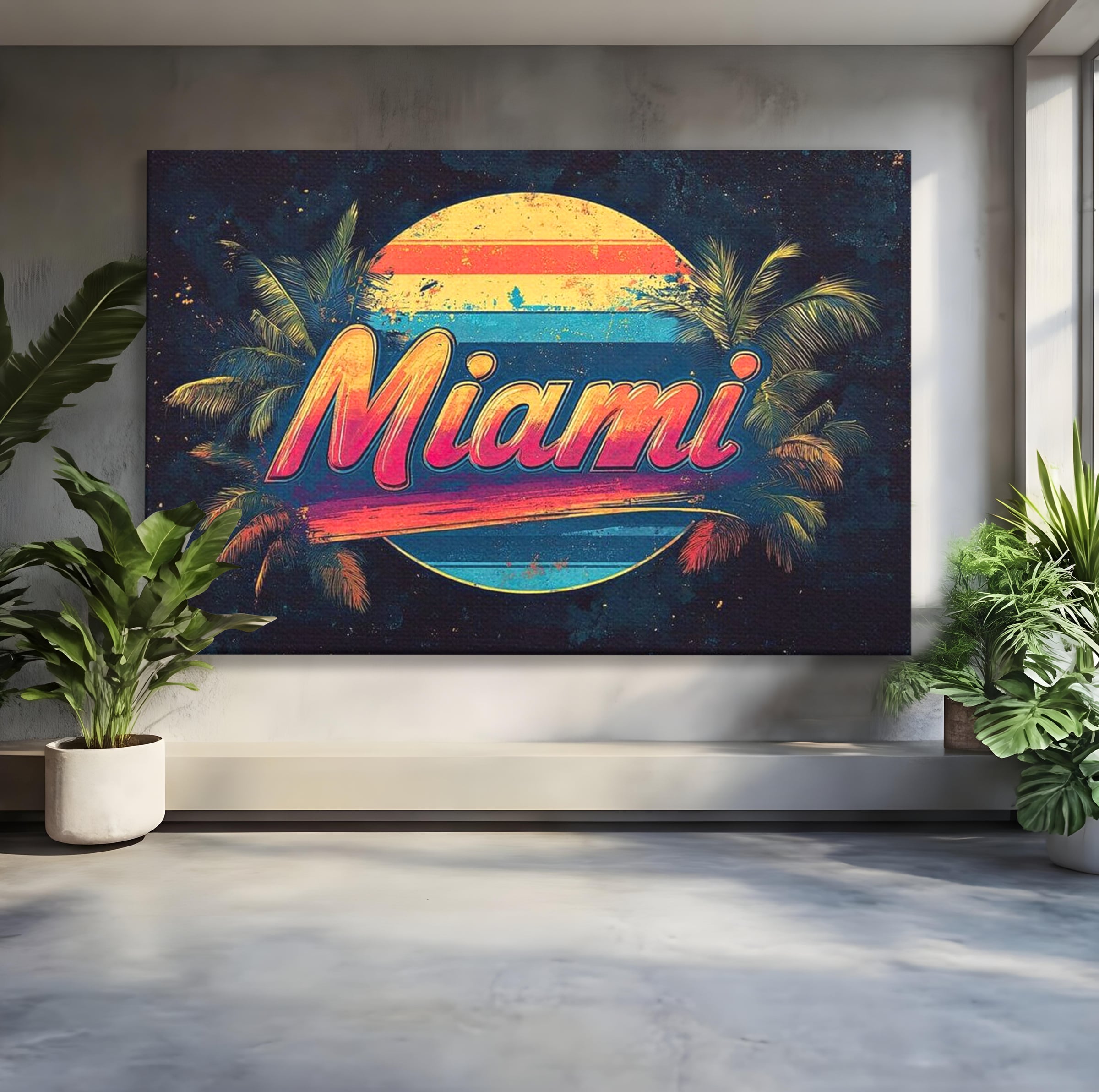 Tablou canvas cu ilustratie retro miami cu soare si palmieri, fara rama, pe sasiu de lemn